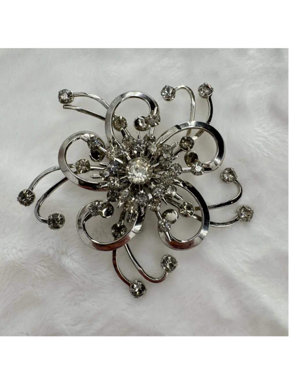 Silver Flower Brooch Pin Rhinestones Vintage Whimsical Midcentury Starburst